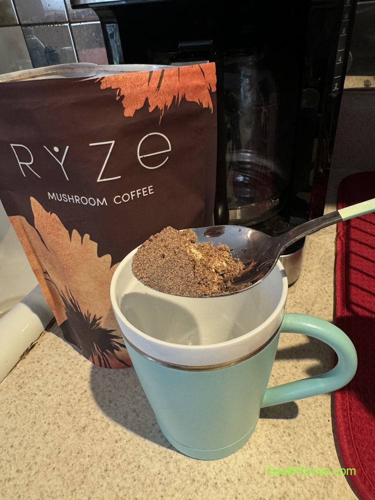 RYZE mushroom coffee for gamers, showing the RYZE mix going into the cup